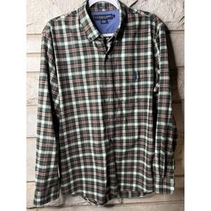 US Polo Assn Mens Stretch Plaid Button Down Shirt Green Orange Tartan Large L